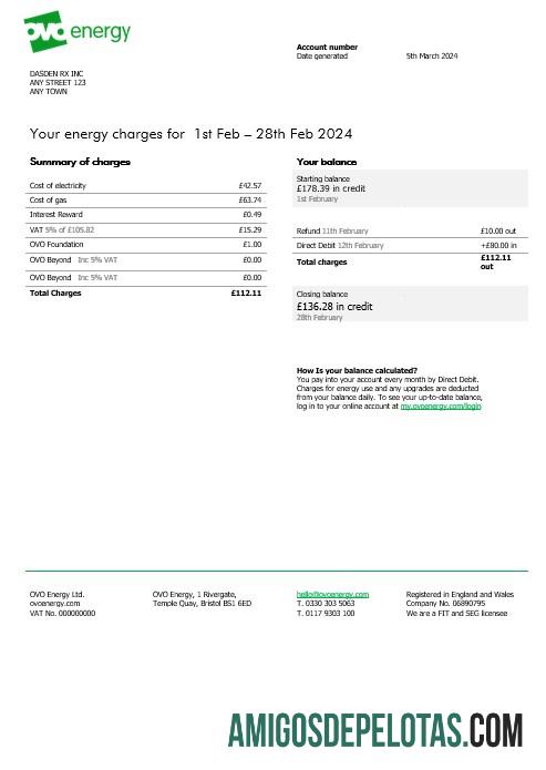 em branco Reino Unido Ovo Energy Electricity Business Utility Bill, Word e modelo PDF